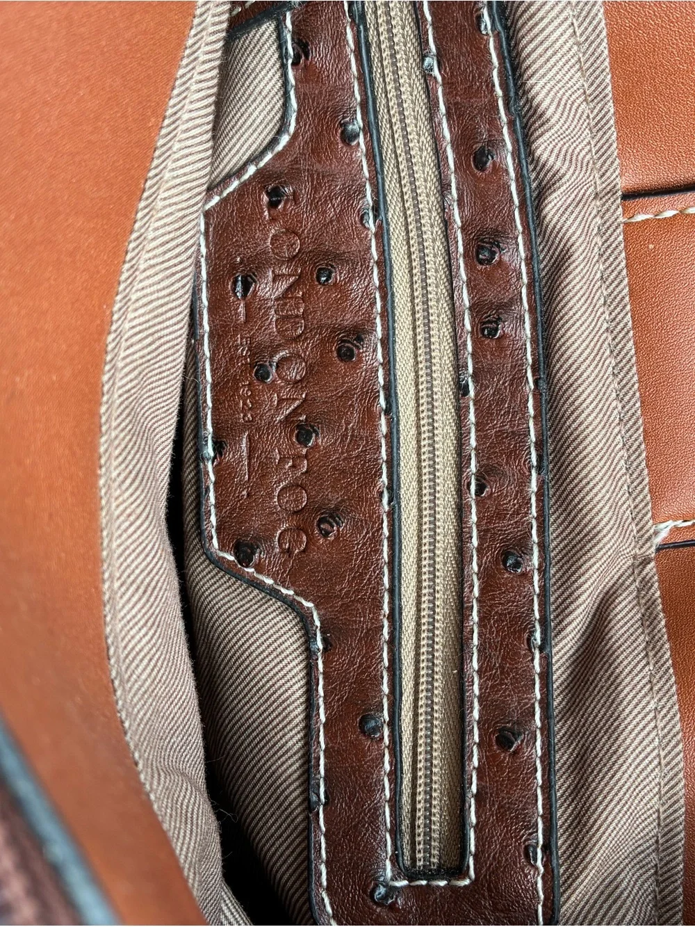 Brown Ostrich-Texture Satchel with Gold Lock Detail